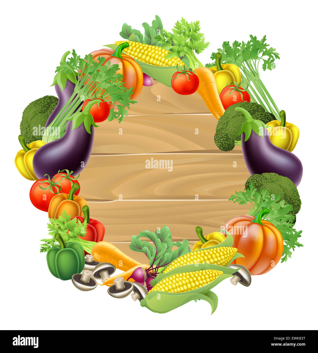 A wooden sign background surrounded by a circle border of fresh fruit and vegetables food produce Stock Photo