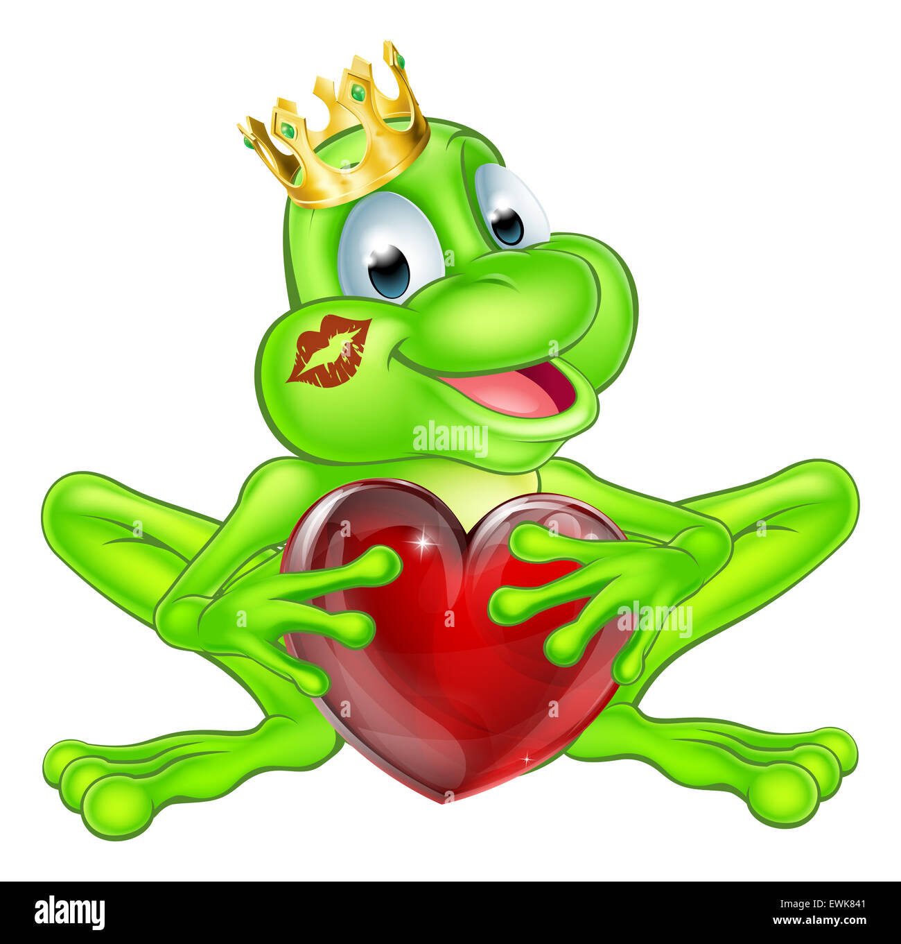 An illustration of a cute cartoon frog prince character wearing a crown holding a heart shape Stock Photo