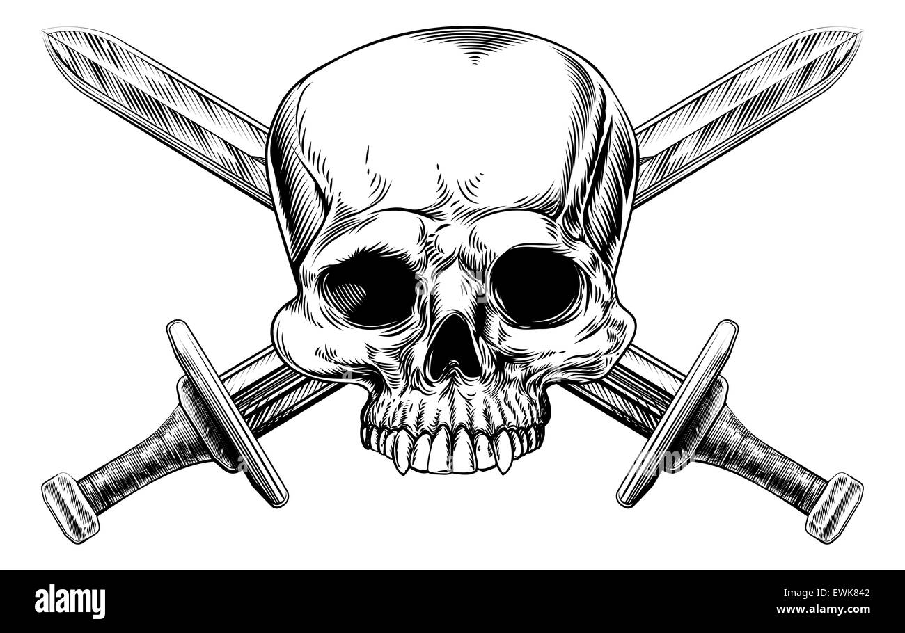 A human skull and crossed swords pirate style sign in a vintage style Stock Photo