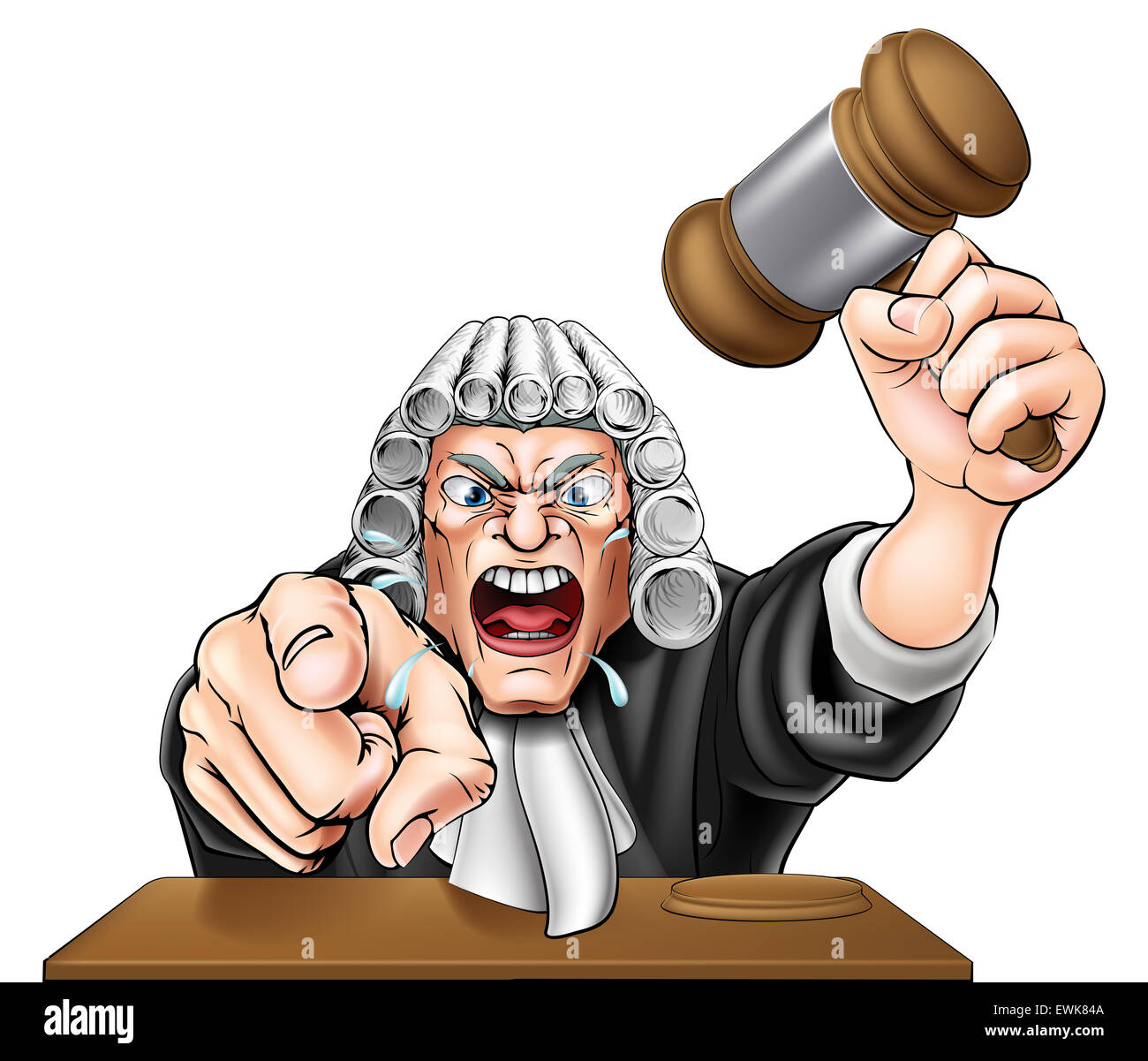 An illustration of an angry judge cartoon character shouting and pointing at the viewer Stock Photo