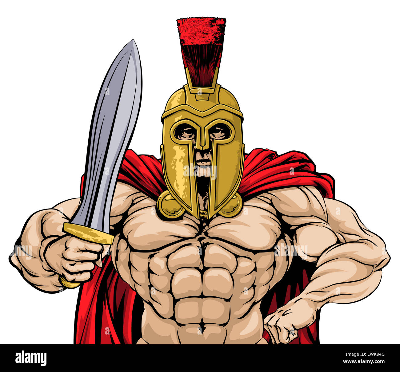 An illustration of a gladiator, ancient Greek, Trojan or Roman warrior or gladiator wearing a helmet and holding a sword Stock Photo
