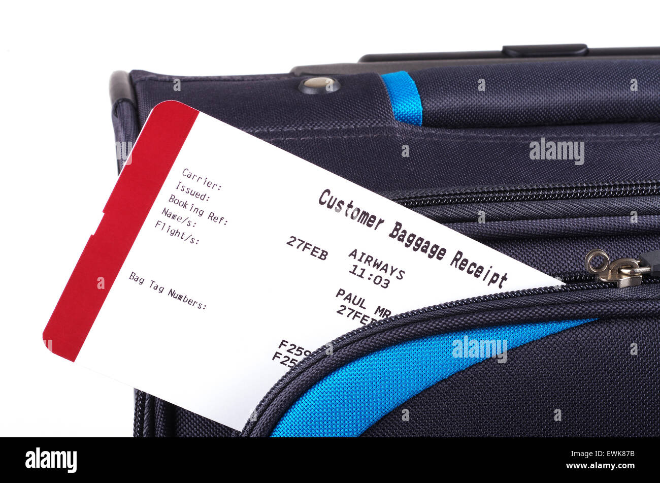 baggage receipt and holiday travel bag Stock Photo