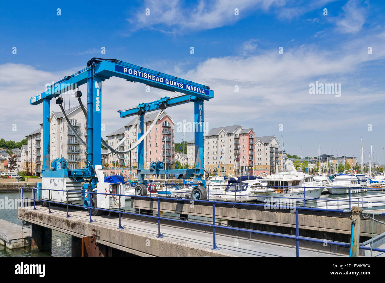PORTISHEAD MARINA AND MOORED YACHTS AND BOAT SLIPWAY WITH LIFT Stock