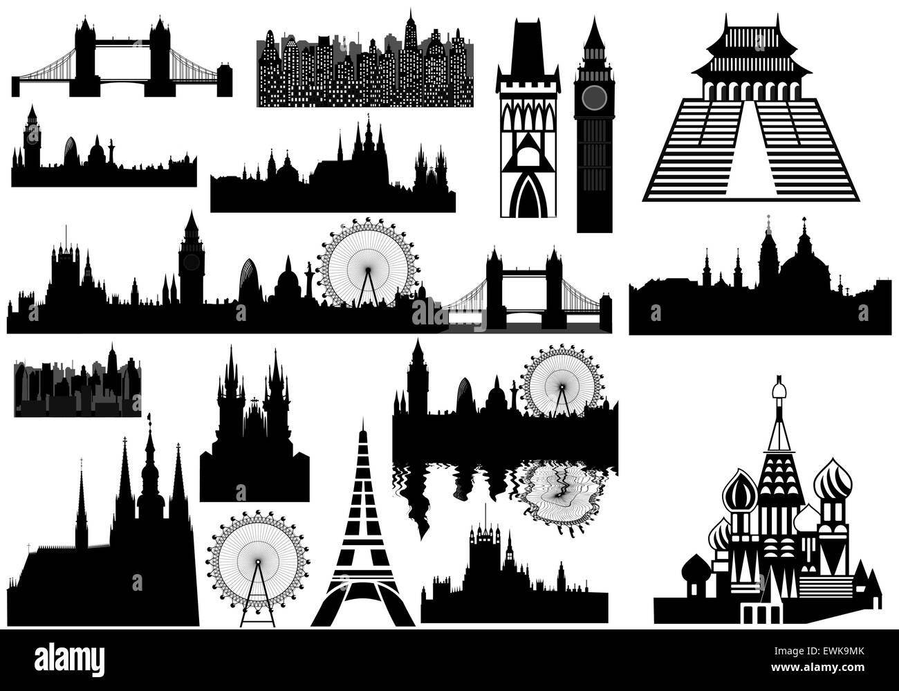 Various landmarks - London, Prague, Paris, Russia - Russian Orthodox cloister Stock Vector