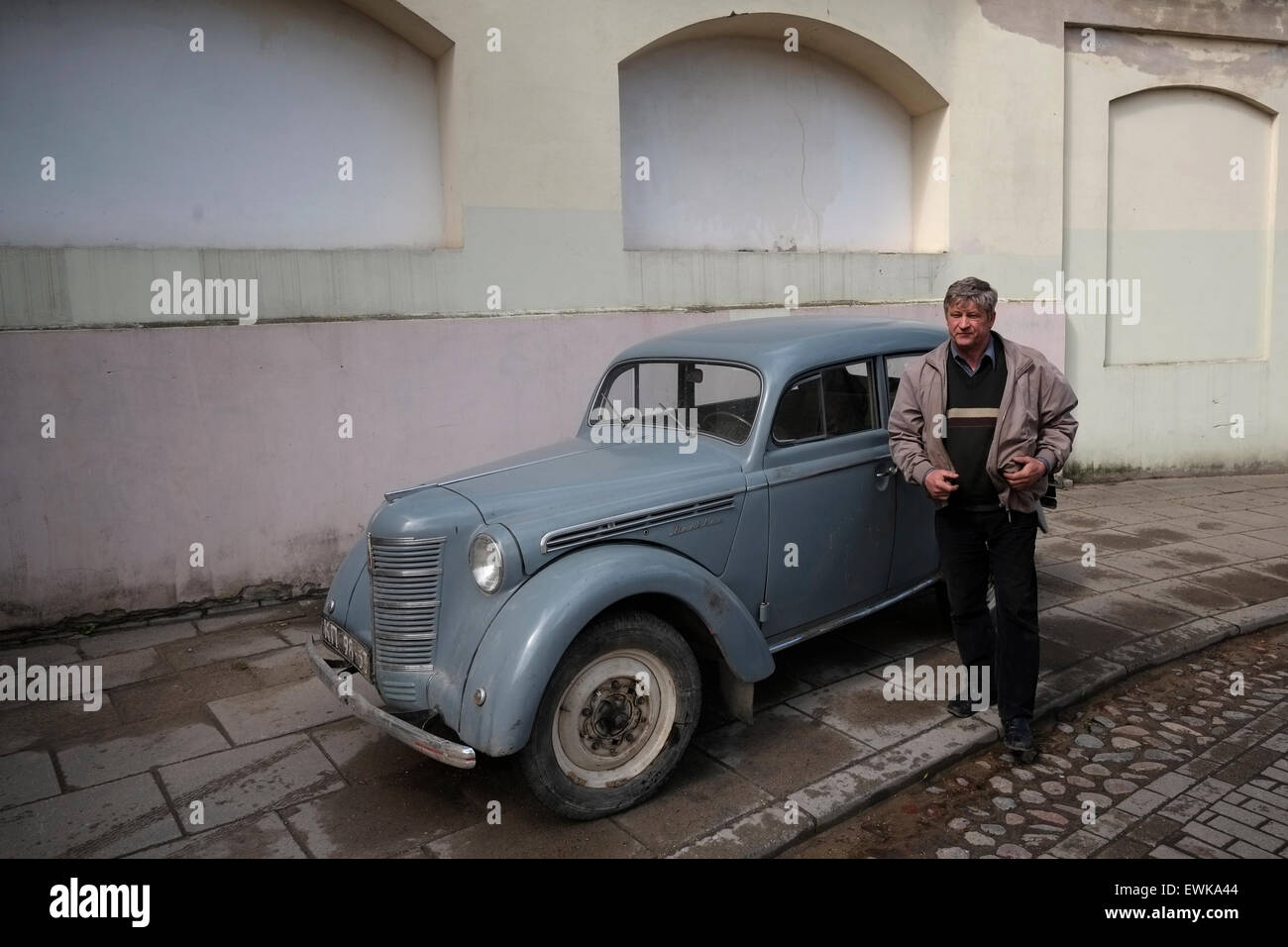 An old Soviet era Moskvitch 400-420 car that was introduced in 1947 by the Soviet manufacturer Moskvitch is seen in the old town of Vilnius a UNESCO World Heritage Site and capital of Lithuania. Stock Photo