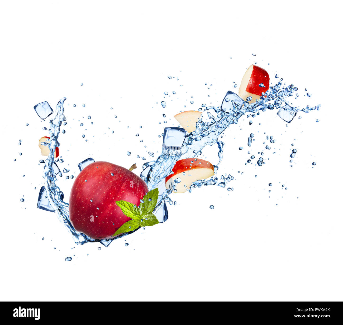 Red apples with water splashes and ice cubes isolated on white ...