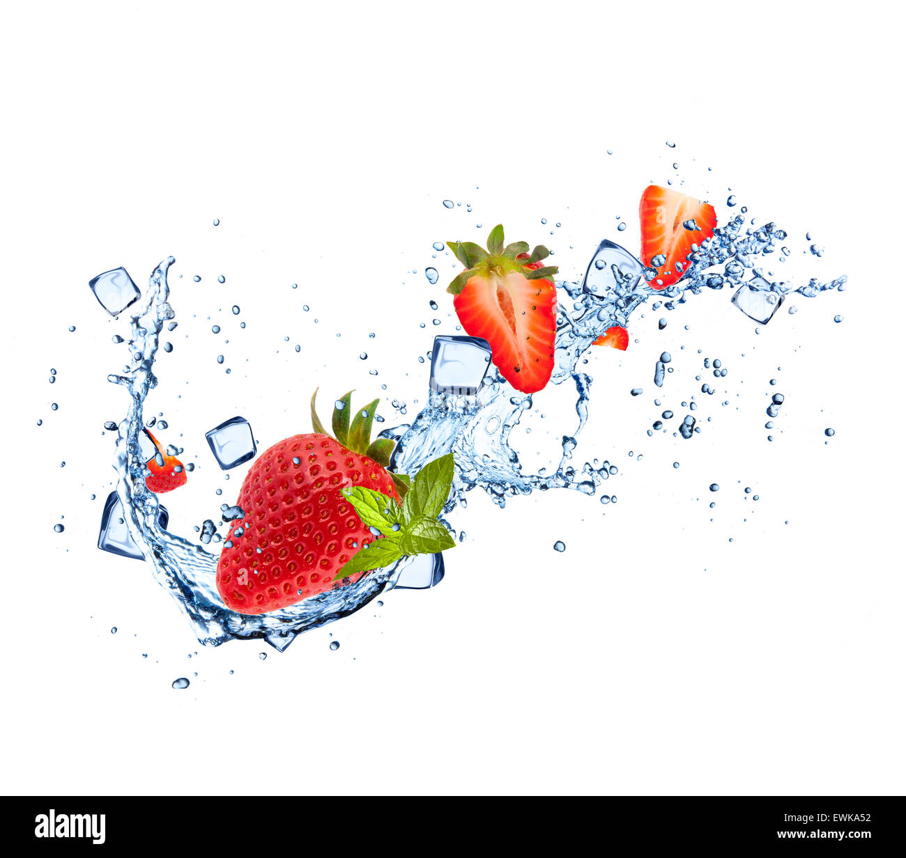 Strawberries in water splashes and ice cubes isolated on white ...