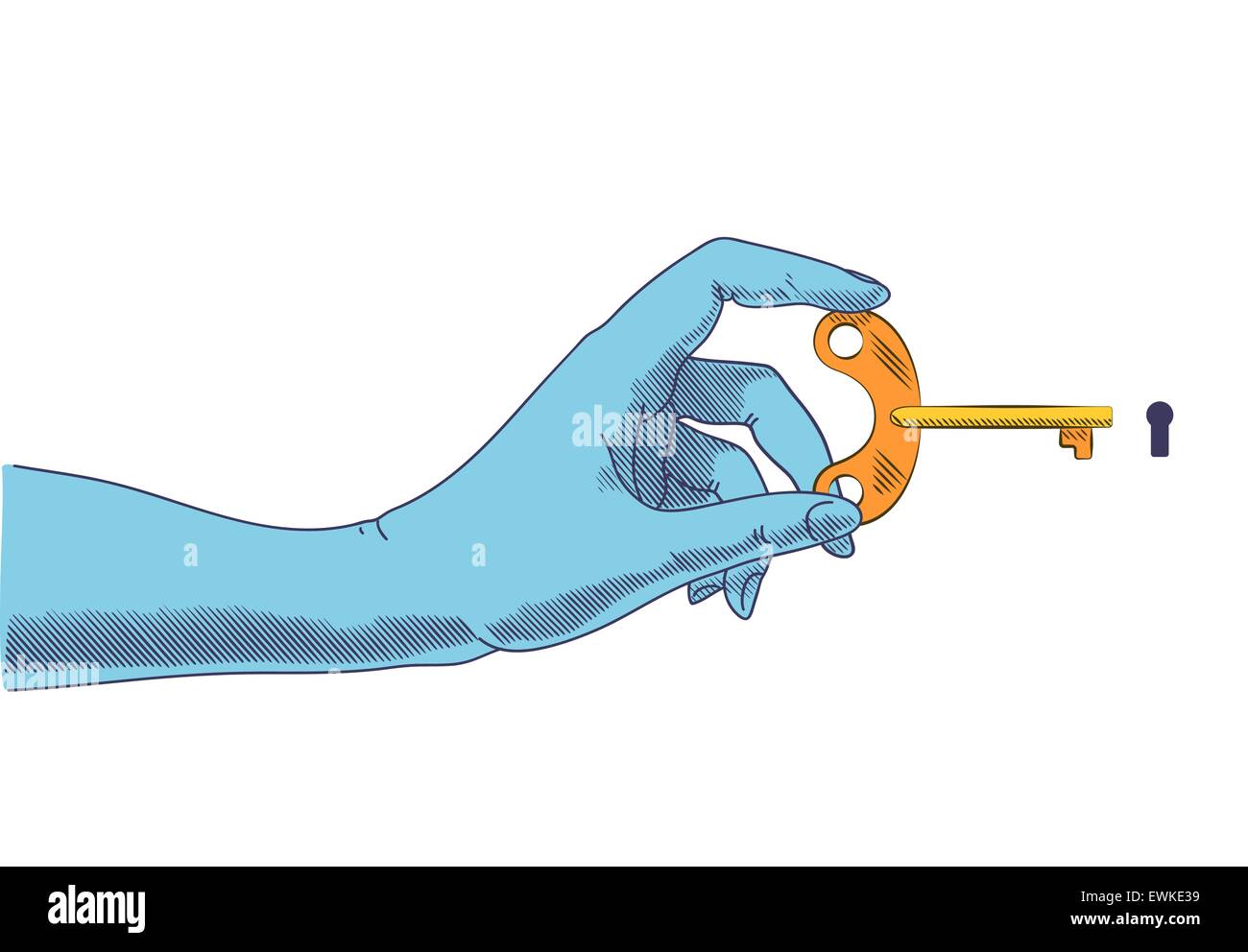 Hand holding key at keyhole. Concept illustration in retro drawing
