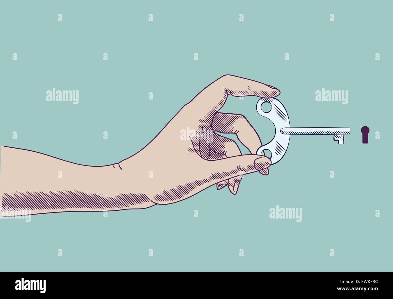 Hand holding key at keyhole. Concept illustration in retro drawing