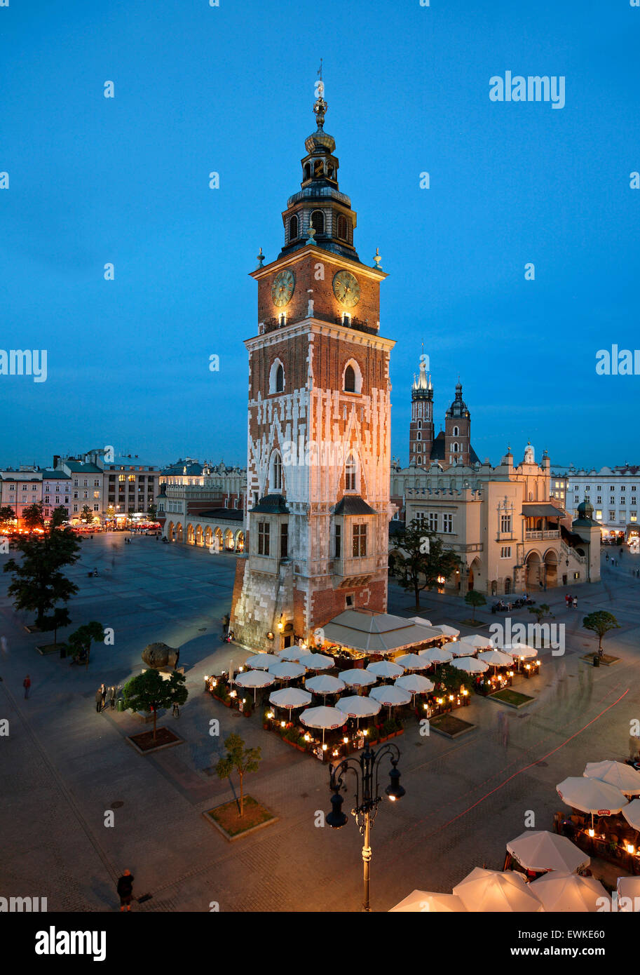 Main Market Square at dusk, Krakow, Poland Stock Photo