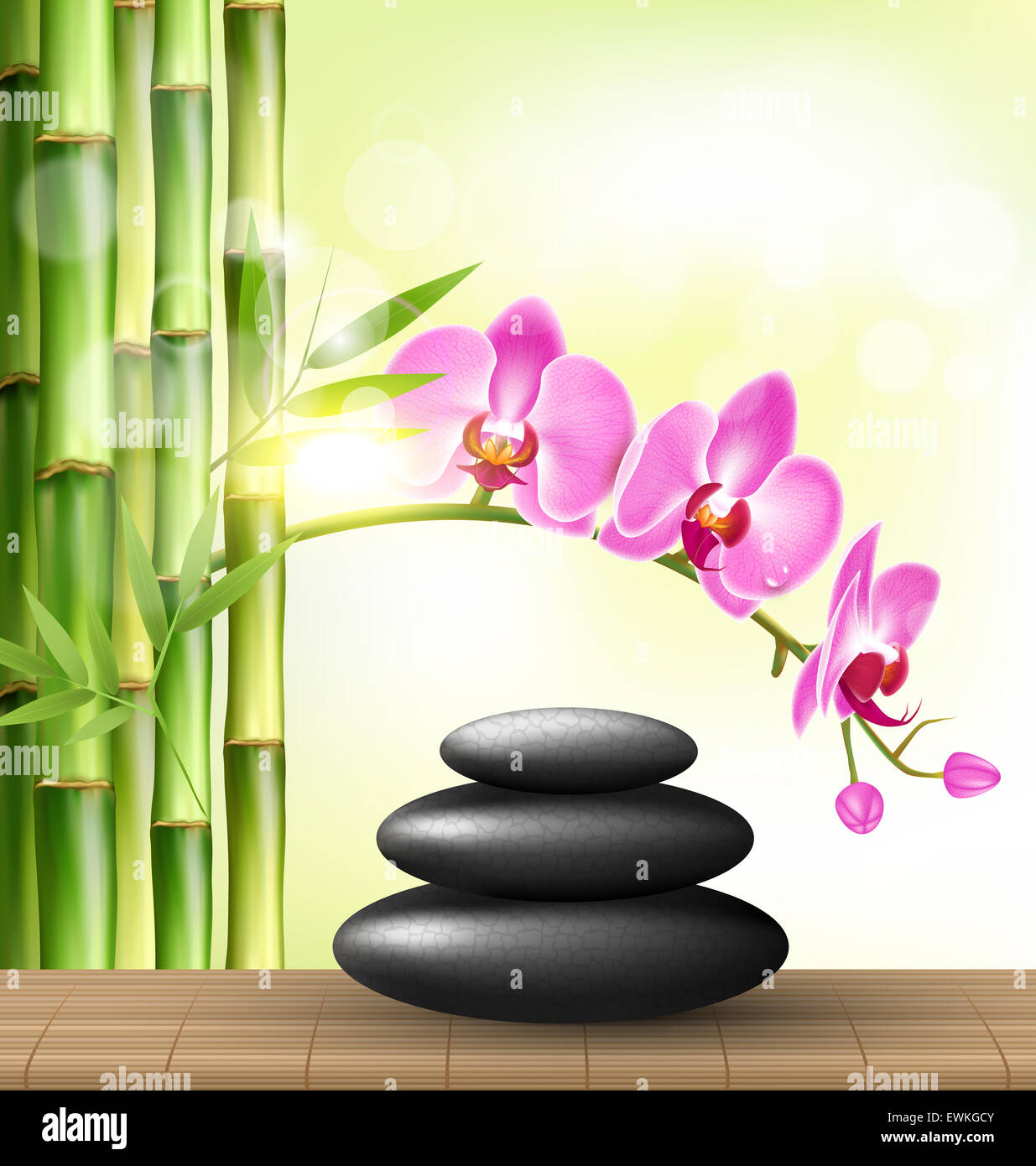 Stack of spa stones with orchid pink flowers and bamboo and sunlight on ...