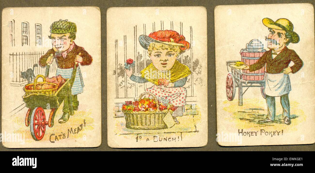Three playing cards of street sellers crying their wares circa 1905 Stock Photo