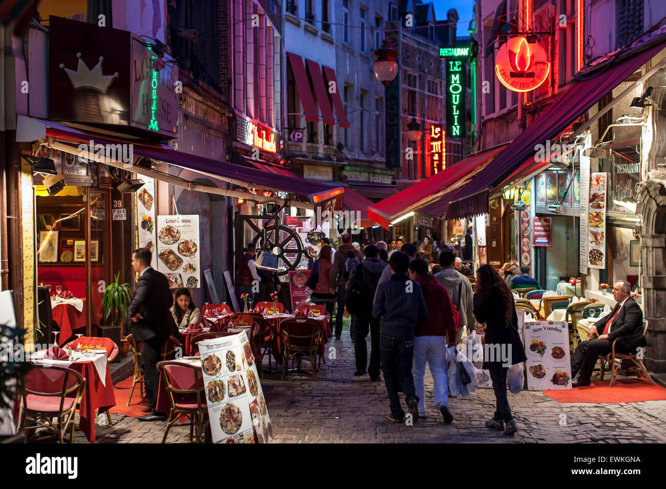 Restaurants in Rue des Bouchers near the Grand Place in Brussels, Belgium. Stock Photo