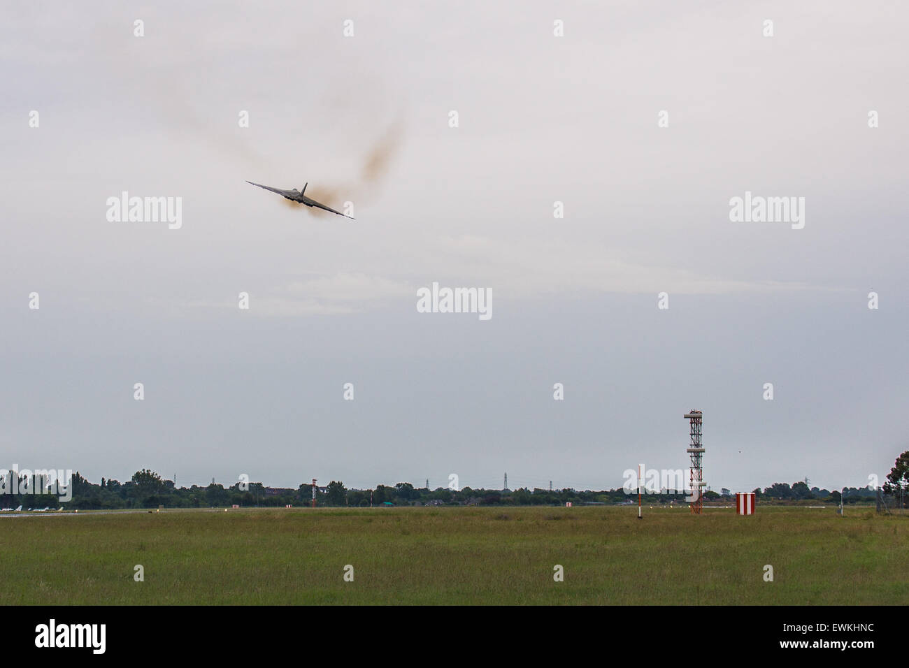 28th June 2015 Southend Airport UK, Avro Vulcan XH558: Avro Vulcan XH558, the last remaining flying Vulcan, fly's over Southend Airport Stock Photo