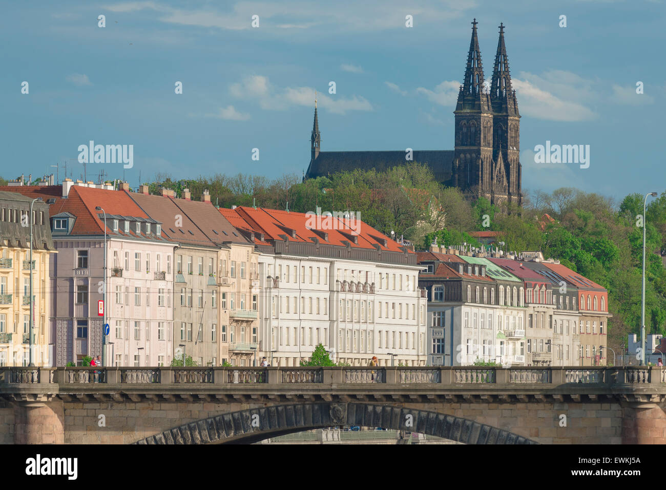Prague riverside, view of pastel-coloured apartment buildings and the Petr and Pavel church beside the River Vltava,Nove Mesto, Prague. Stock Photo