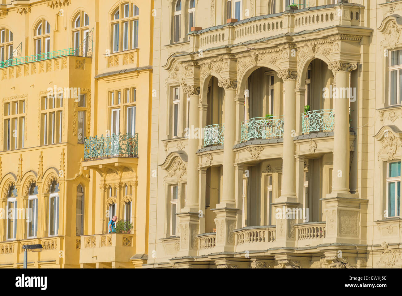 Prague Nove Mesto, view of pastel-coloured art nouveau style apartment buildings alongside the River Vltava in the Nove Mesto district of Prague. Stock Photo