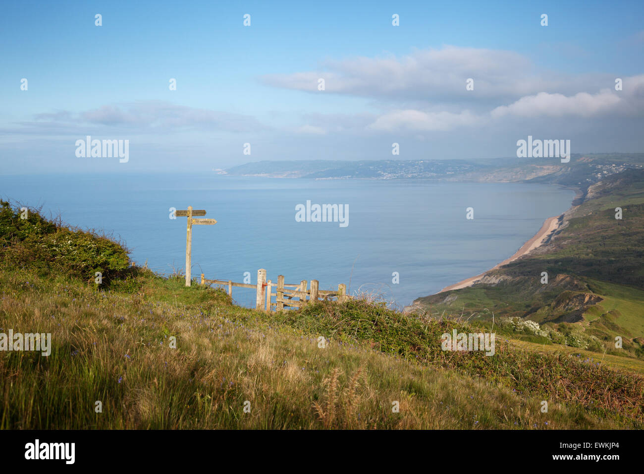 Signpost and Kissing Gate on the South West Coast Path, overlooking Lyme Bay. Dorset. England. UK. Stock Photo