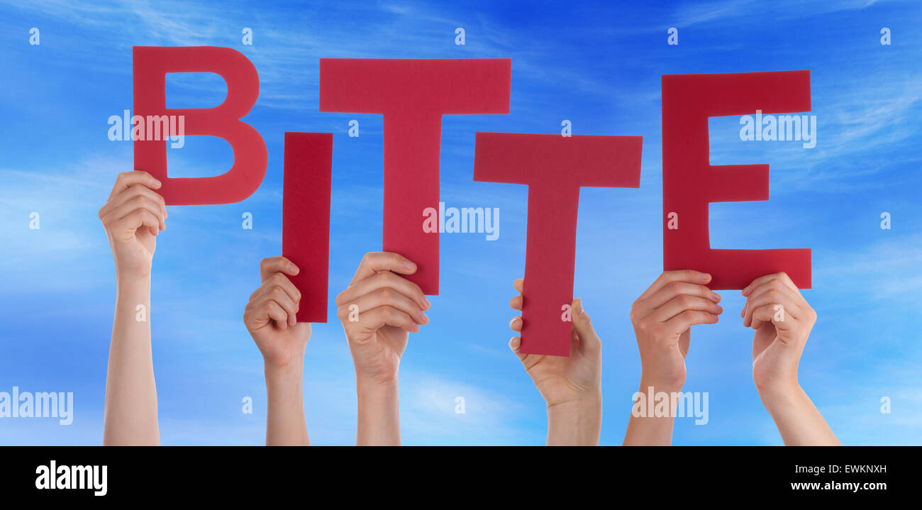 People Hold Red German Bitte Means Please Blue Sky Stock Photo Alamy