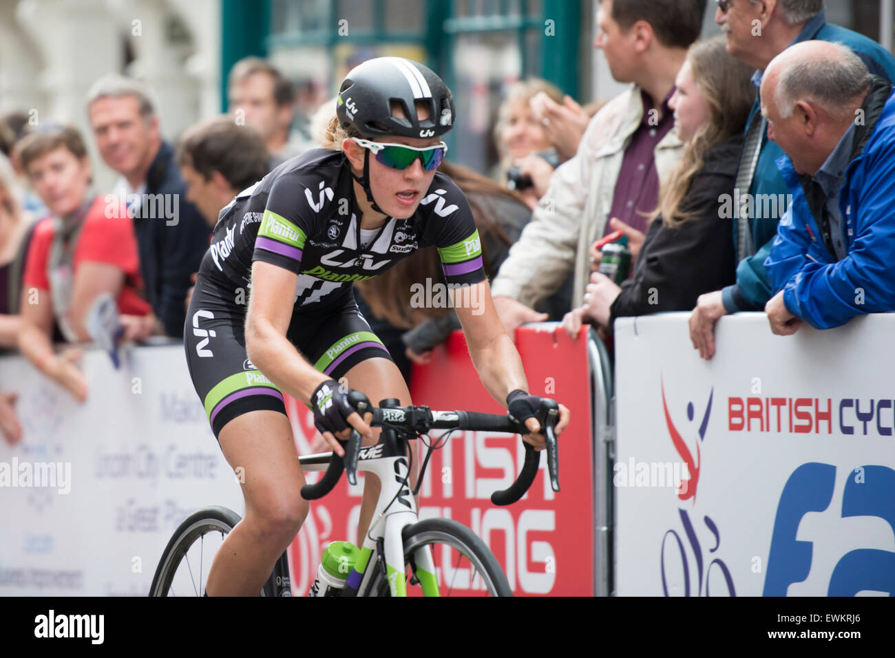 Lincoln, UK. 28th June, 2015. Molly Weaver (Liv Plantur) competes in the British Cycling Road Race Championships at Lincoln, United Kingdom on 28 June 2015. Weaver finished fourth in the race, which was won by Lizzie Armitstead (Boels-Dolmans). Credit:  Andrew Peat/Alamy Live News Stock Photo