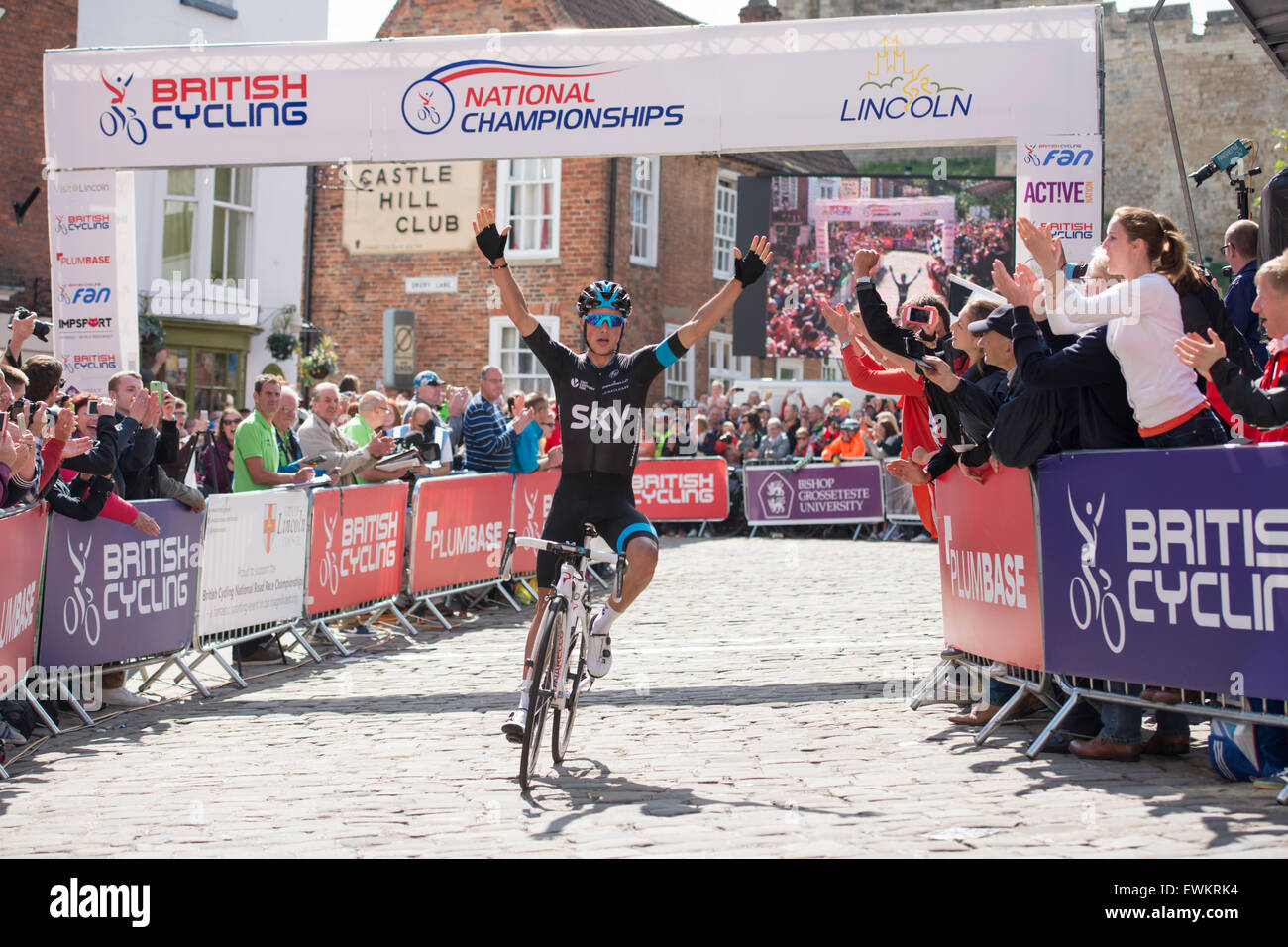 Lincoln, UK. 28th June, 2015. Peter Kennaugh (Team Sky) wins the British Cycling Road Race Championships at Lincoln, United Kingdom on 28 June 2015. Credit:  Andrew Peat/Alamy Live News Stock Photo