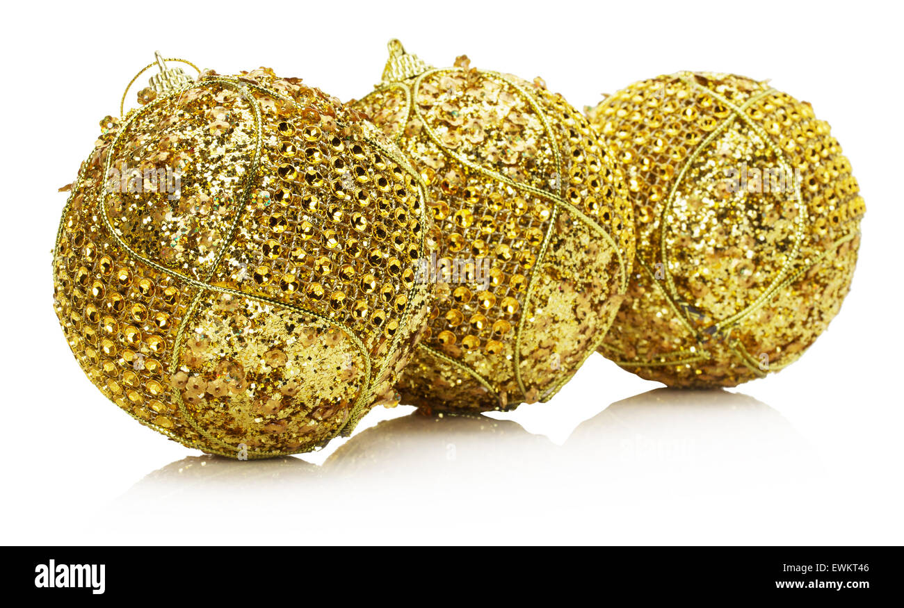 golden Christmas balls isolated on the white background. Stock Photo