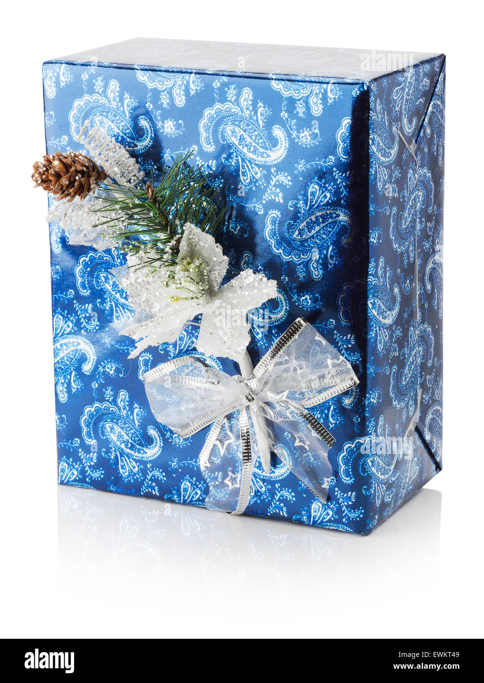 blue Christmas gift box isolated on the white background. Stock Photo