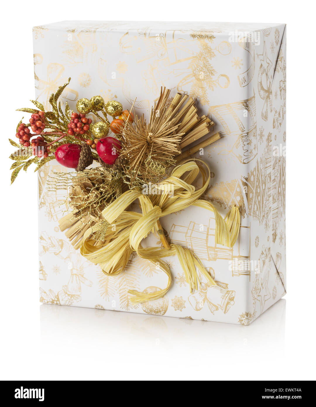 white Christmas gift box with golden bow isolated on the white background. Stock Photo
