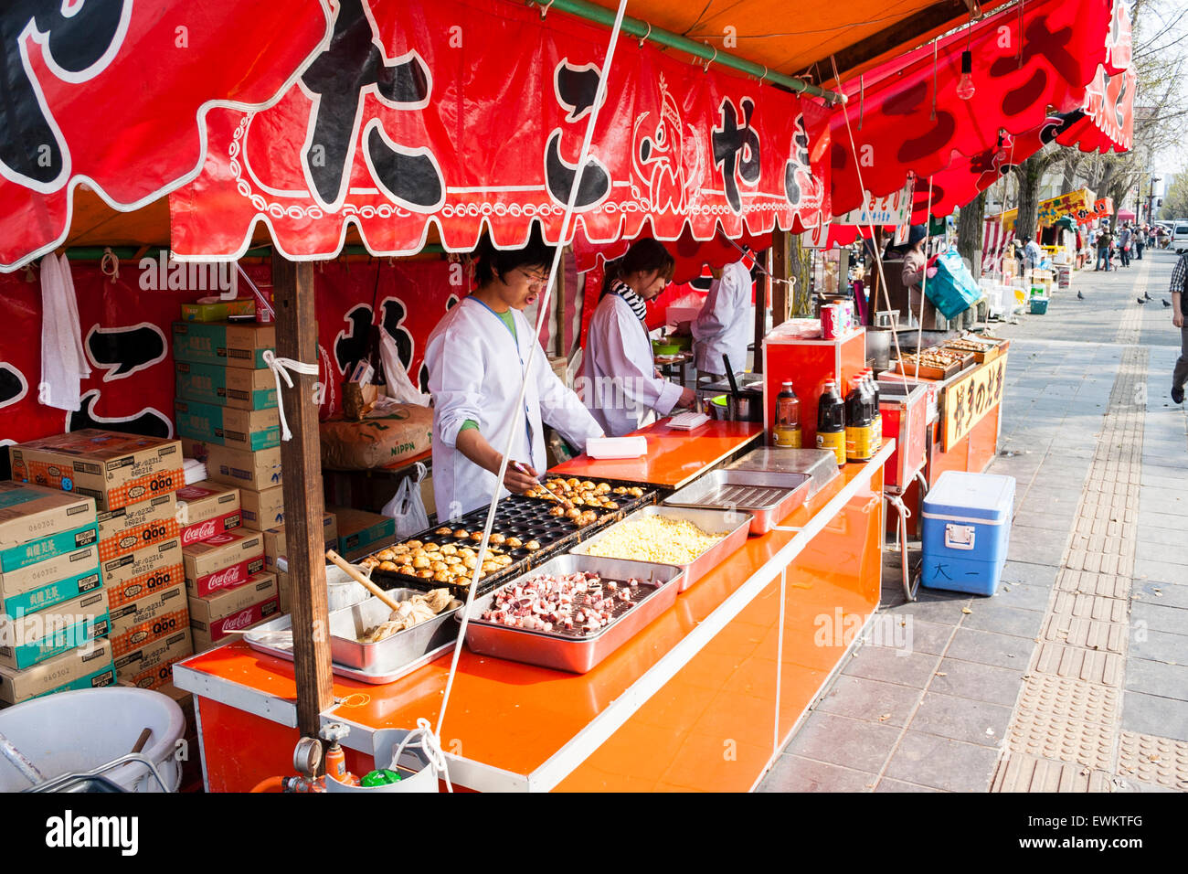 Japanese fast food stalls set up in the park at Himeji. Selling octopus