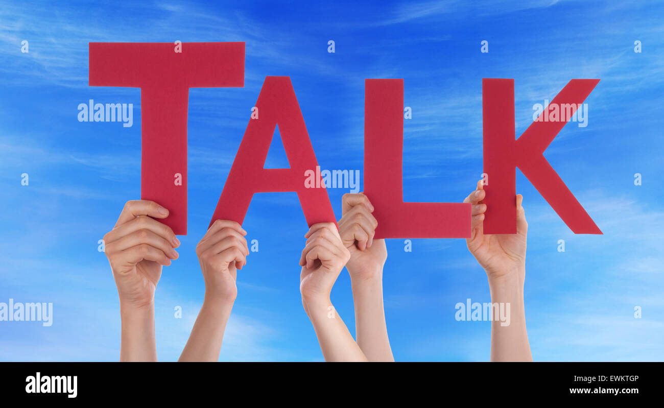 Hands Holding Red Straight Word Talk Blue Sky Stock Photo