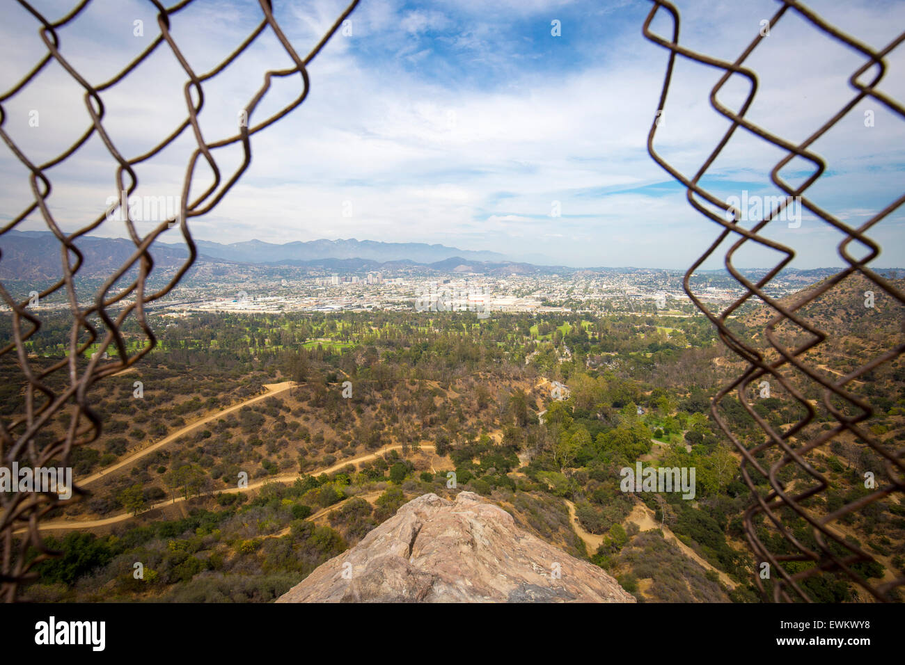 View of Los Angeles San Gabriel Valley from the top of Bee Rock Train in Griffith Park. Stock Photo