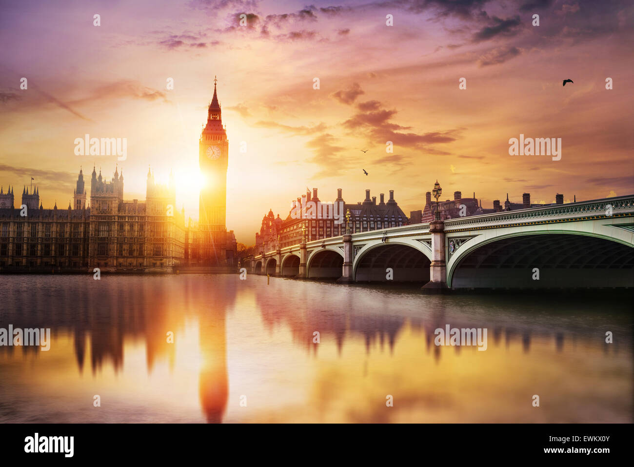 Big Ben and Westminster Bridge at dusk, London, UK Stock Photo