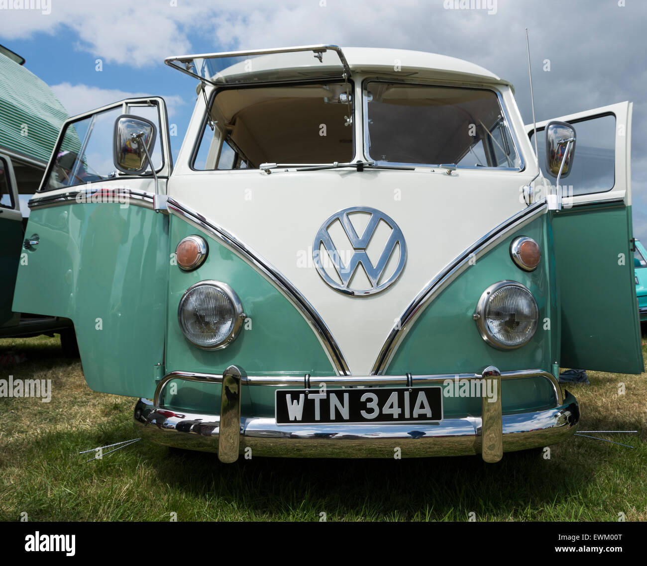 Classic teal coloured Volkswagen Campervan at Volksfest Bristol. Stock Photo