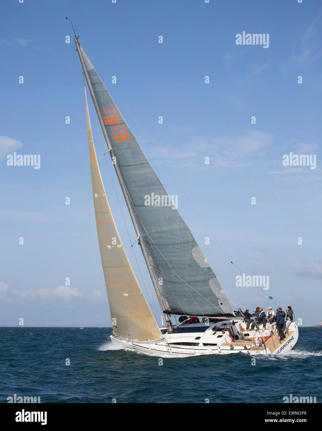 UK. 27th June, 2015. Elan 450 SWE 750 'Squire Patton Boggs' with celebrity skipper Helena Lucas MBE (Para-olympic gold medallist 2012) in the 2015 Round the Island Race Credit:  Niall Ferguson/Alamy Live News Stock Photo
