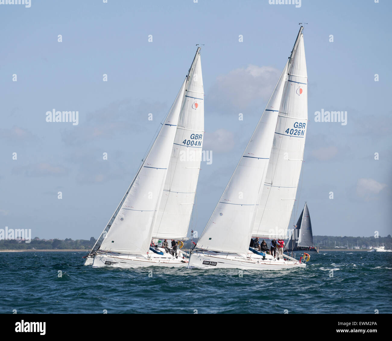 UK. 27th June, 2015. Two Sunsail Match First 40 yachts have a close contest during the 2015 Round the Island Race Credit:  Niall Ferguson/Alamy Live News Stock Photo