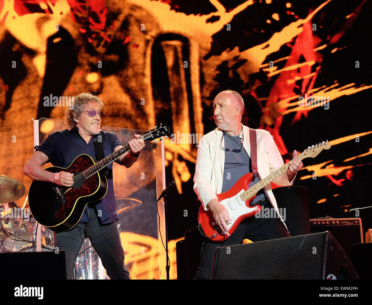 Glastonbury Festival, Somerset, UK. 28 June 2015. Roger Daltrey and Pete Townshend of the Who closing the 2015 Glastonbury festival  on the Pyramid Stage on Sunday night. Credit:  Tom Corban/Alamy Live News Stock Photo