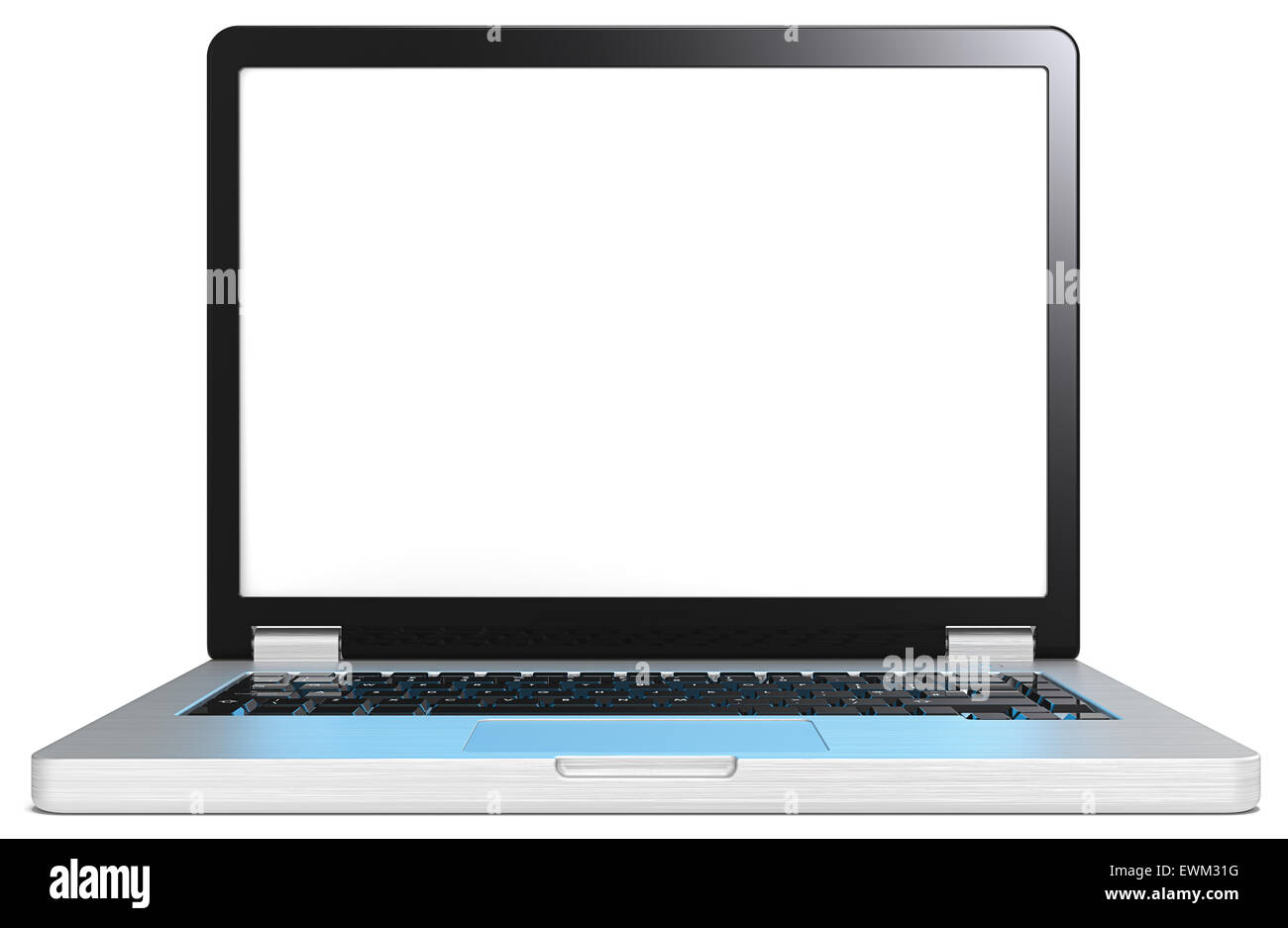 Laptop of brushed steel and black. No branded. Blank screen for copy space. Realistic blue light reflection on keyboard. Stock Photo