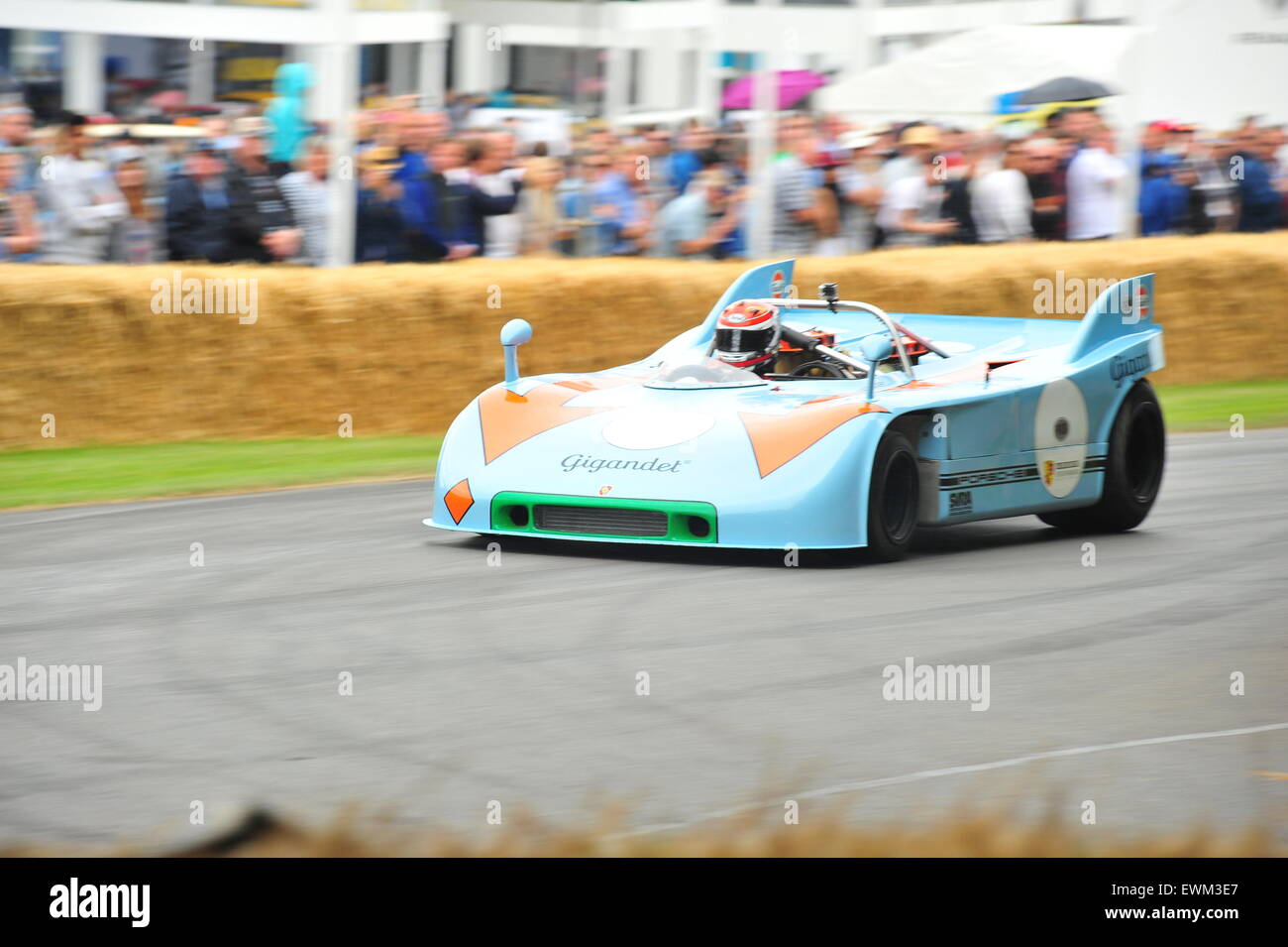 A Porsche 908 racing car at the Goodwood Festival of Speed. Racing drivers, celebrities and thousands of members of the public attended the Goodwood Festival of Speed to see modern and old racing cars and bikes in action. Stock Photo