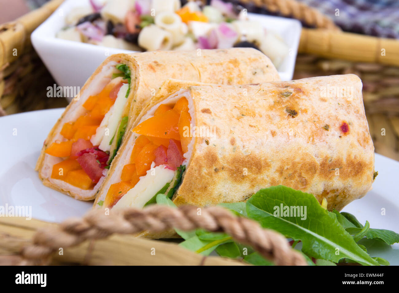 healthy  tortilla wrap sandwich closeup on plate Stock Photo