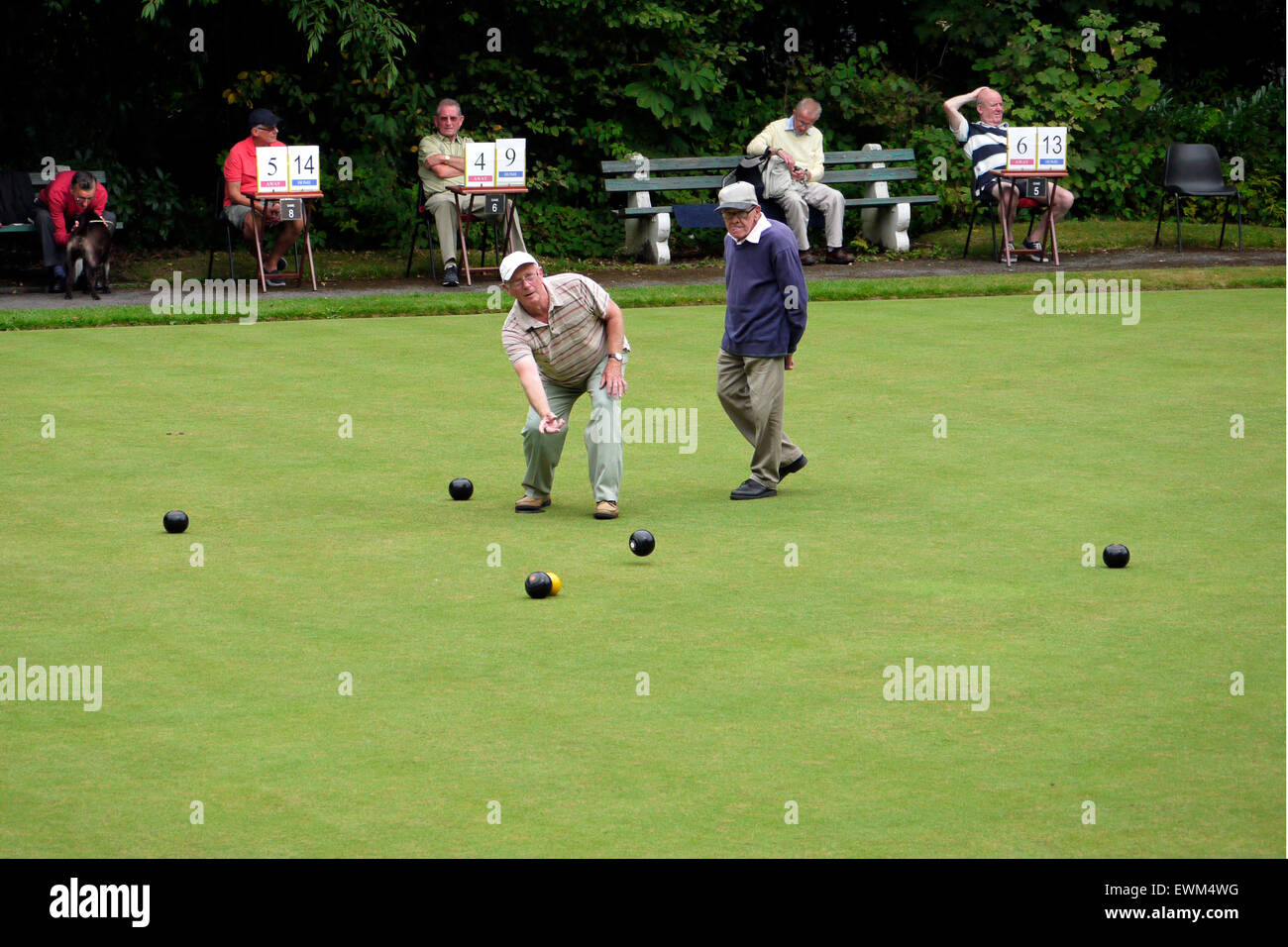 Males playing bowls on a Crown Bowling Green, the match was played in Queens Park, Bolton, Lancashire, Greater Manchester, England UK. photo DON TONGE Stock Photo