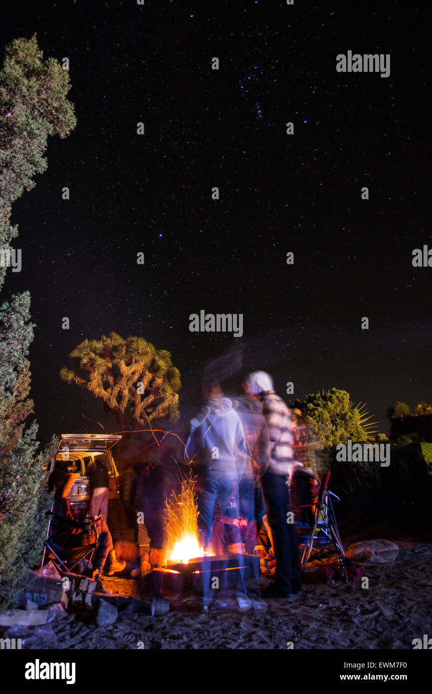 Friends gather around a campfire under the stars in Joshua Tree National Park. Stock Photo