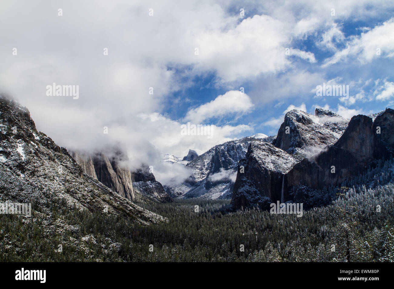 View of Yosemite Valley with a light snow dusting. Stock Photo