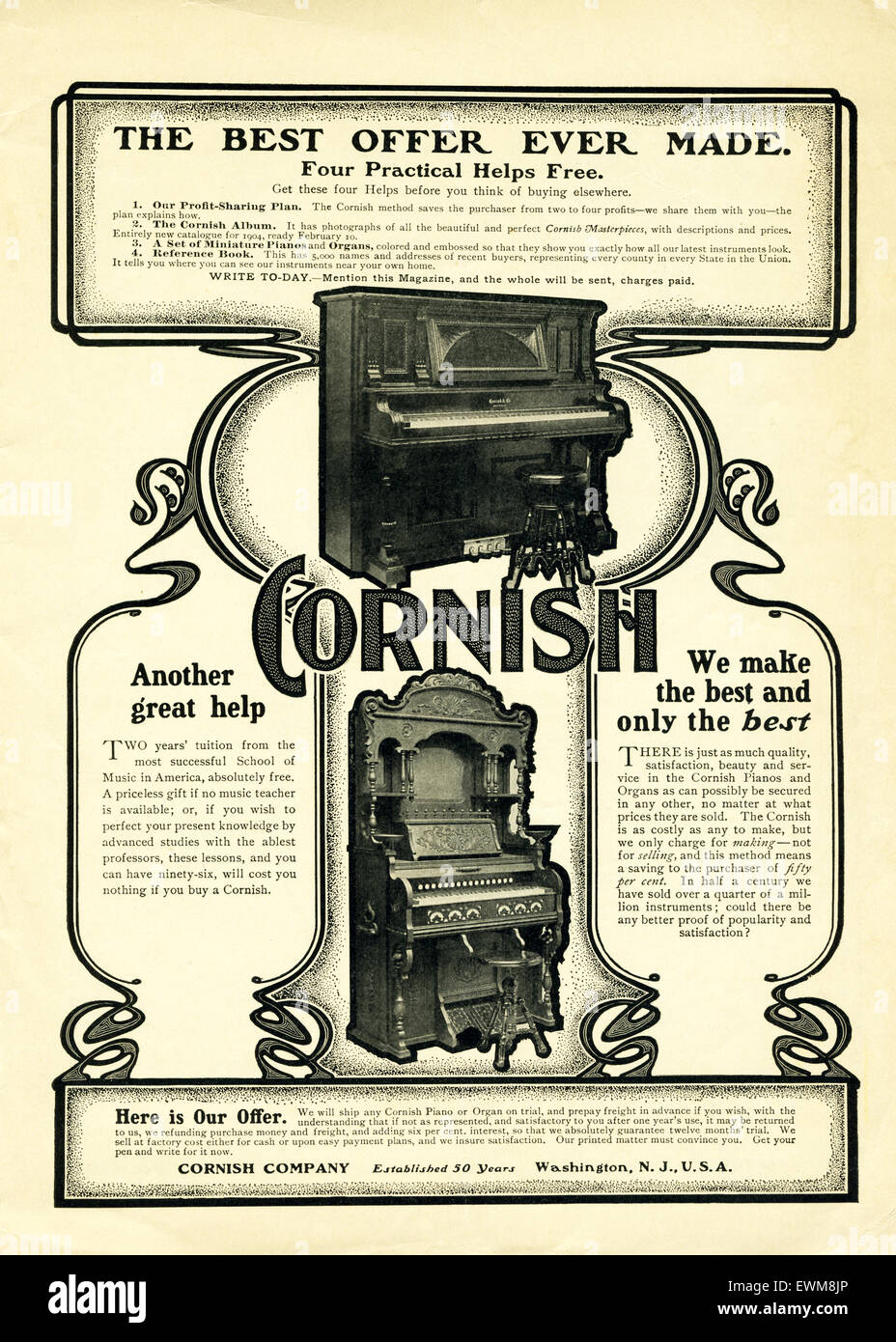This ad for Cornish upright pianos appeared in McCall’s Magazine March 1904. According to Antique Piano Shop, The Cornish Piano & Organ company was established in Washington, New Jersey in 1879. The Cornish Piano & Organ Company was a huge mail order house, selling their organs and pianos directly to the consumer from the factory through elaborate sales catalogs, advertisements, and word of mouth. Stock Photo