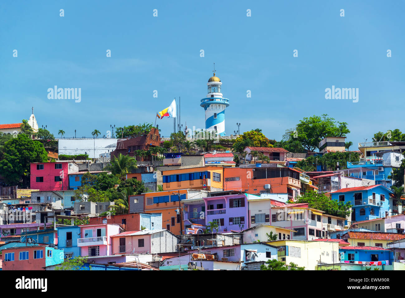 View of Santa Ana hill and the Las Penas neighborhood in Guayaquil, Ecuador with a lighthouse on top Stock Photo