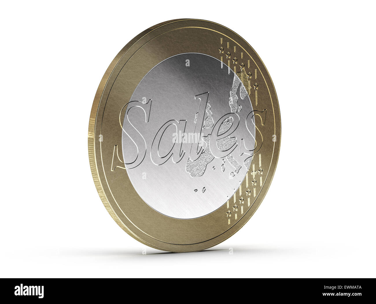 Sales euro coin over white background with shadow and scratches. Conceptual image for business incentive or motivation. Stock Photo