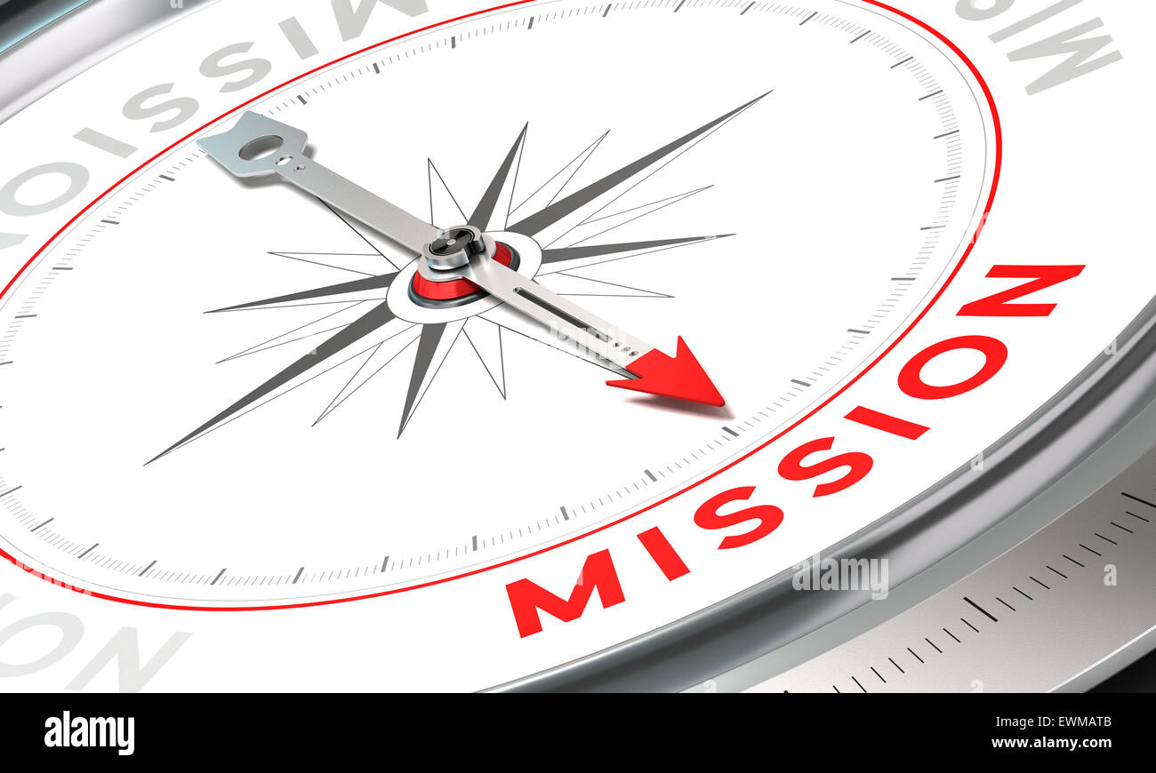 Compass with needle pointing the word mission. Conceptual illustration