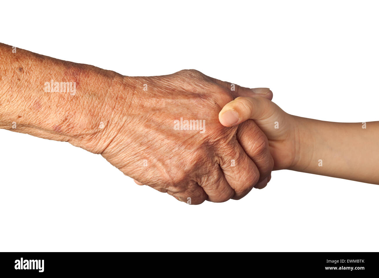 Elderly and young handshake isolated on white background Stock Photo