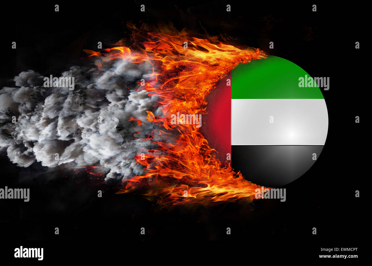 Concept of speed - Flag with a trail of fire and smoke - United Arab Emirates Stock Photo