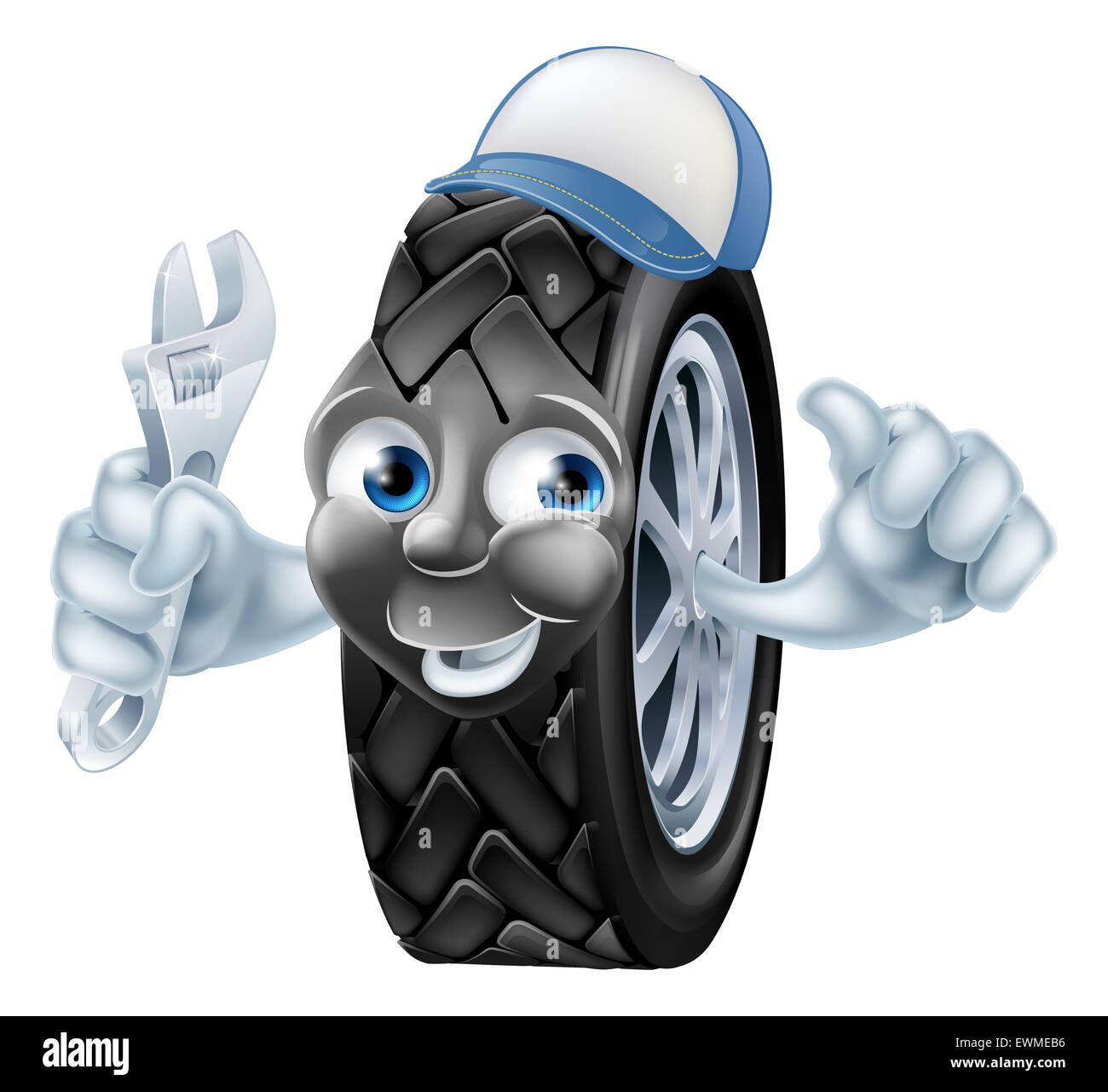 Happy tire mechanic cartoon character holding an adjustable wrench or  spanner and giving thumbs up Stock Photo - Alamy