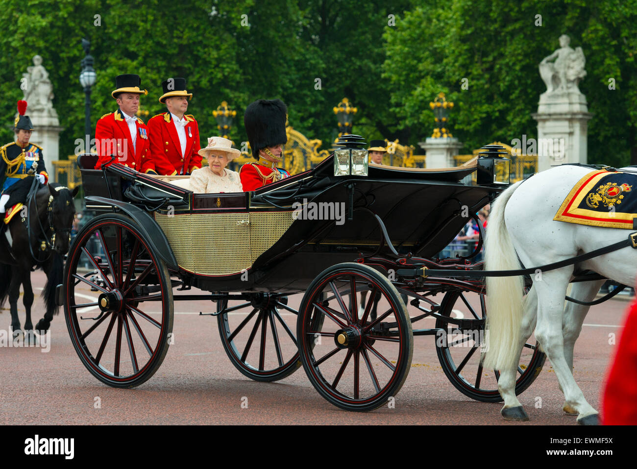 Carriage with Queen Elizabeth II. and Prince Philip, Duke of Edinburgh, Trooping the Colour, annual military parade to celebrate Stock Photo