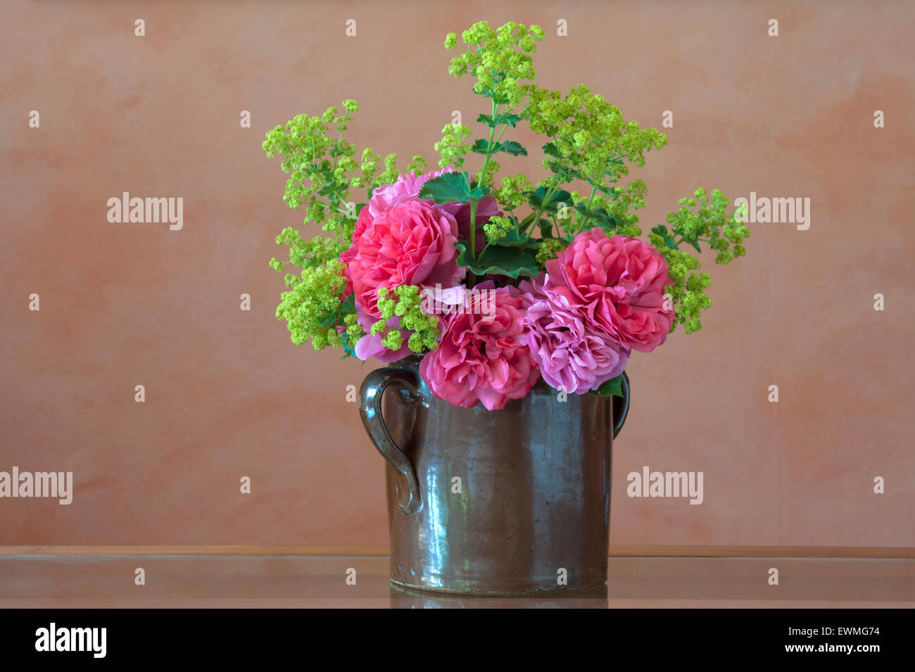 Bouquet in clay jug on table, 'Cariona' rose and lady's mantle (Alchemilla sp.) Stock Photo
